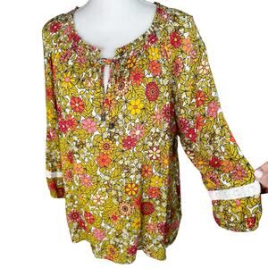 Jane and Delancey Floral Smocked Tunic Top Boho Bohemian Yellow Orange Red XL ￼